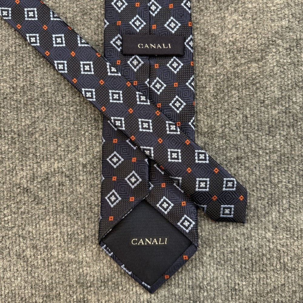 Canali Men's Silk Tie Navy Blue Geometric Diamond Pattern Italy 100% Silk